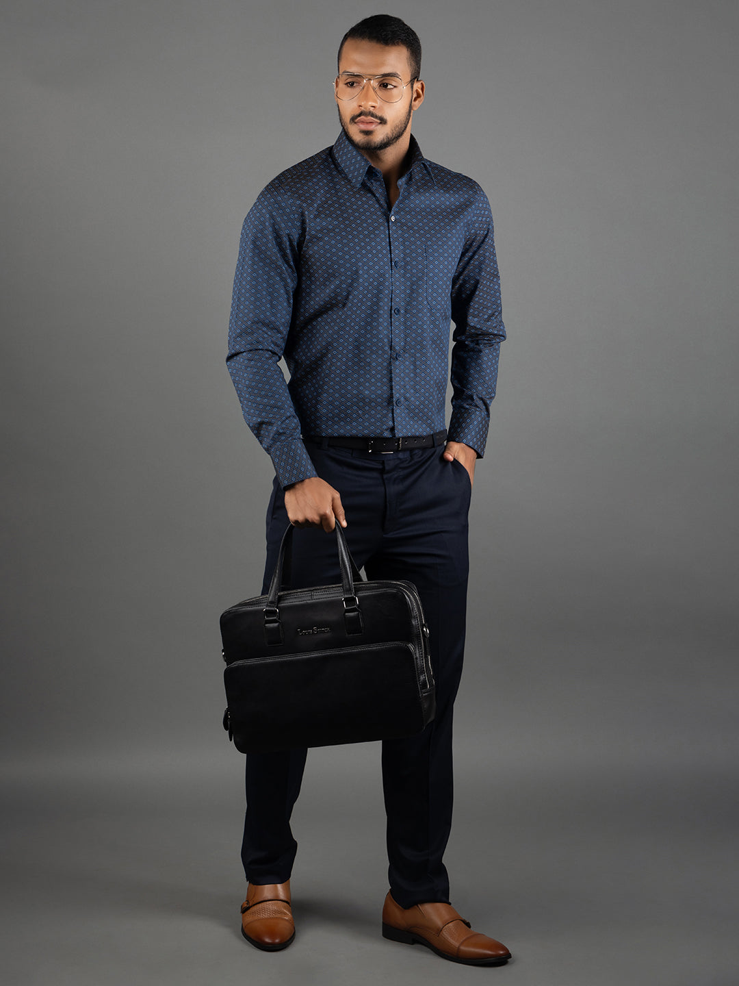 Men's Regular Fit Geometric Blue Formal Shirt