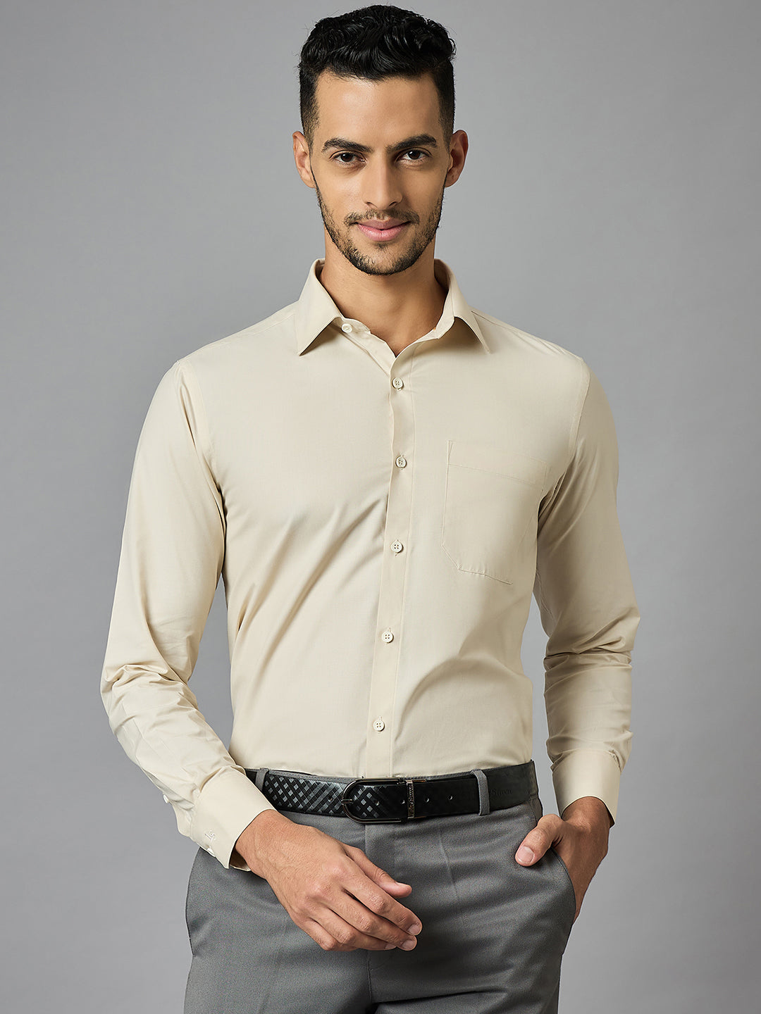 Men's Solid Beige Full Sleeves Regular Fit Formal Shirt