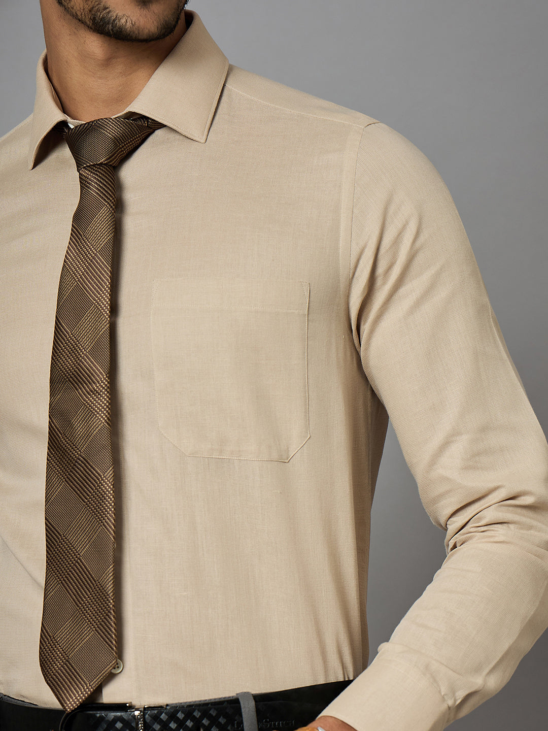 Men's Beige Cotton Linen Full Sleeves Regular Fit Formal Shirt