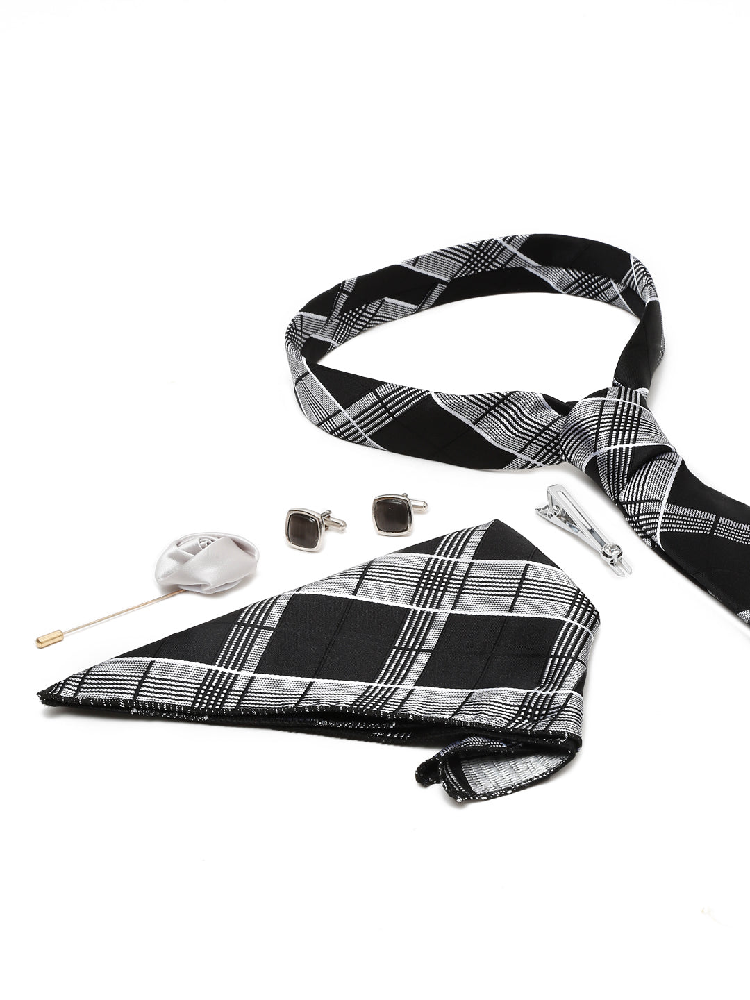 Checkered Black Italian Silk Necktie Set Pocket Square Chrome Tiepin cufflinks and Brooch