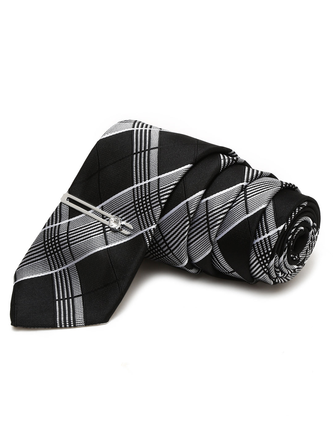 Checkered Black Italian Silk Necktie Set Pocket Square Chrome Tiepin cufflinks and Brooch