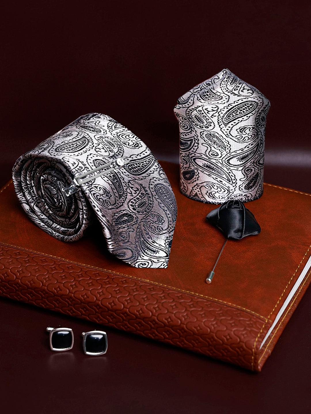 Black Mist Luxury Italian Silk Necktie Set Pocket Square Chrome Tiepin Cufflinks and Brooch