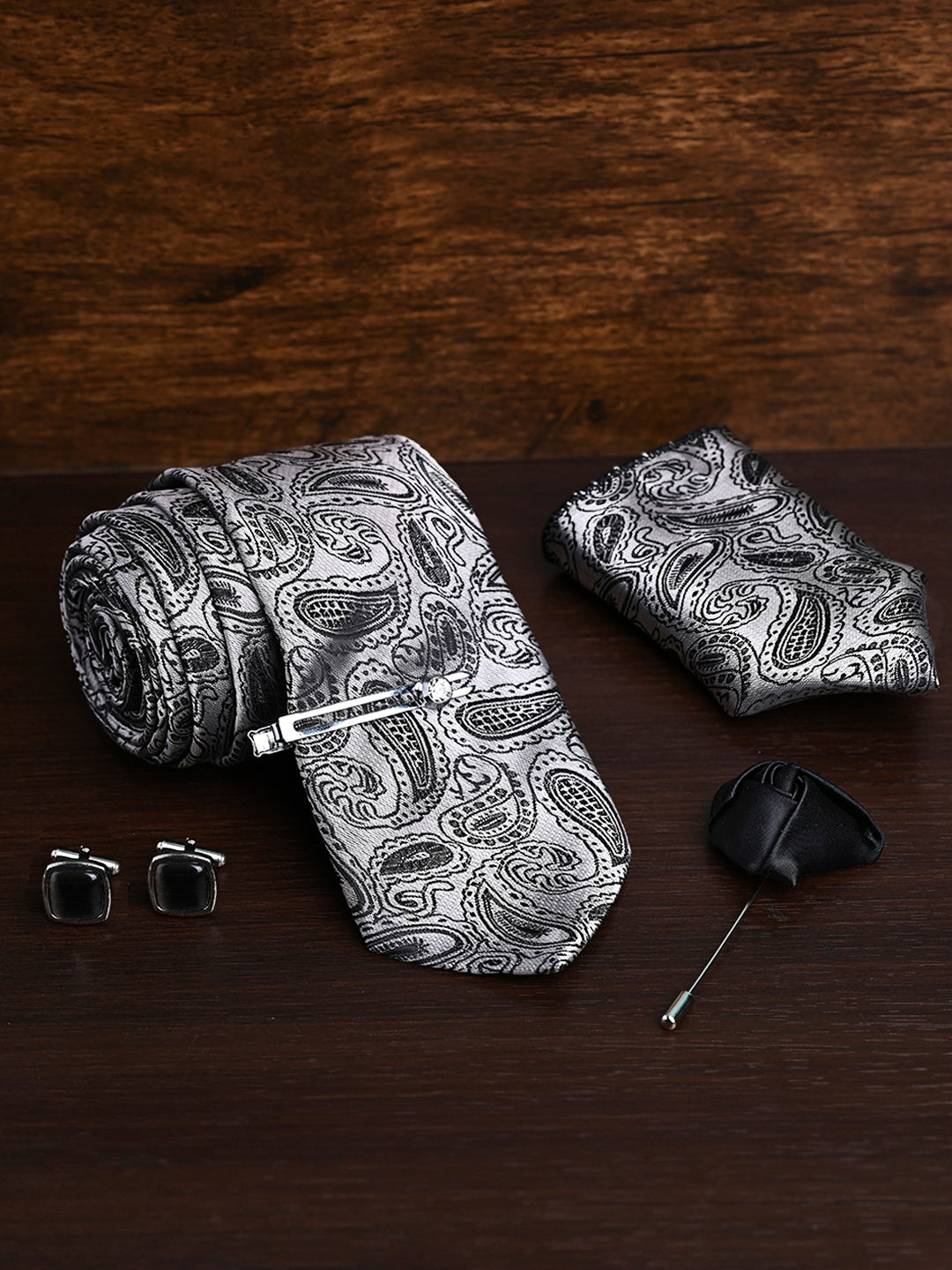 Black Mist Luxury Italian Silk Necktie Set Pocket Square Chrome Tiepin Cufflinks and Brooch