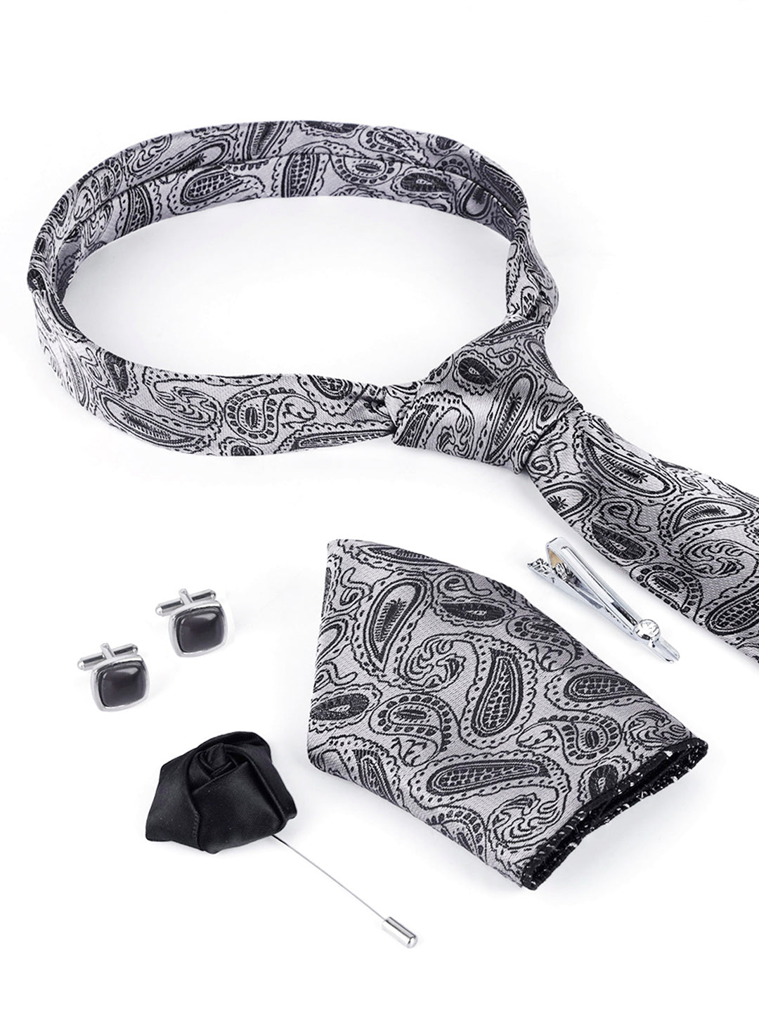 Black Mist Luxury Italian Silk Necktie Set Pocket Square Chrome Tiepin Cufflinks and Brooch