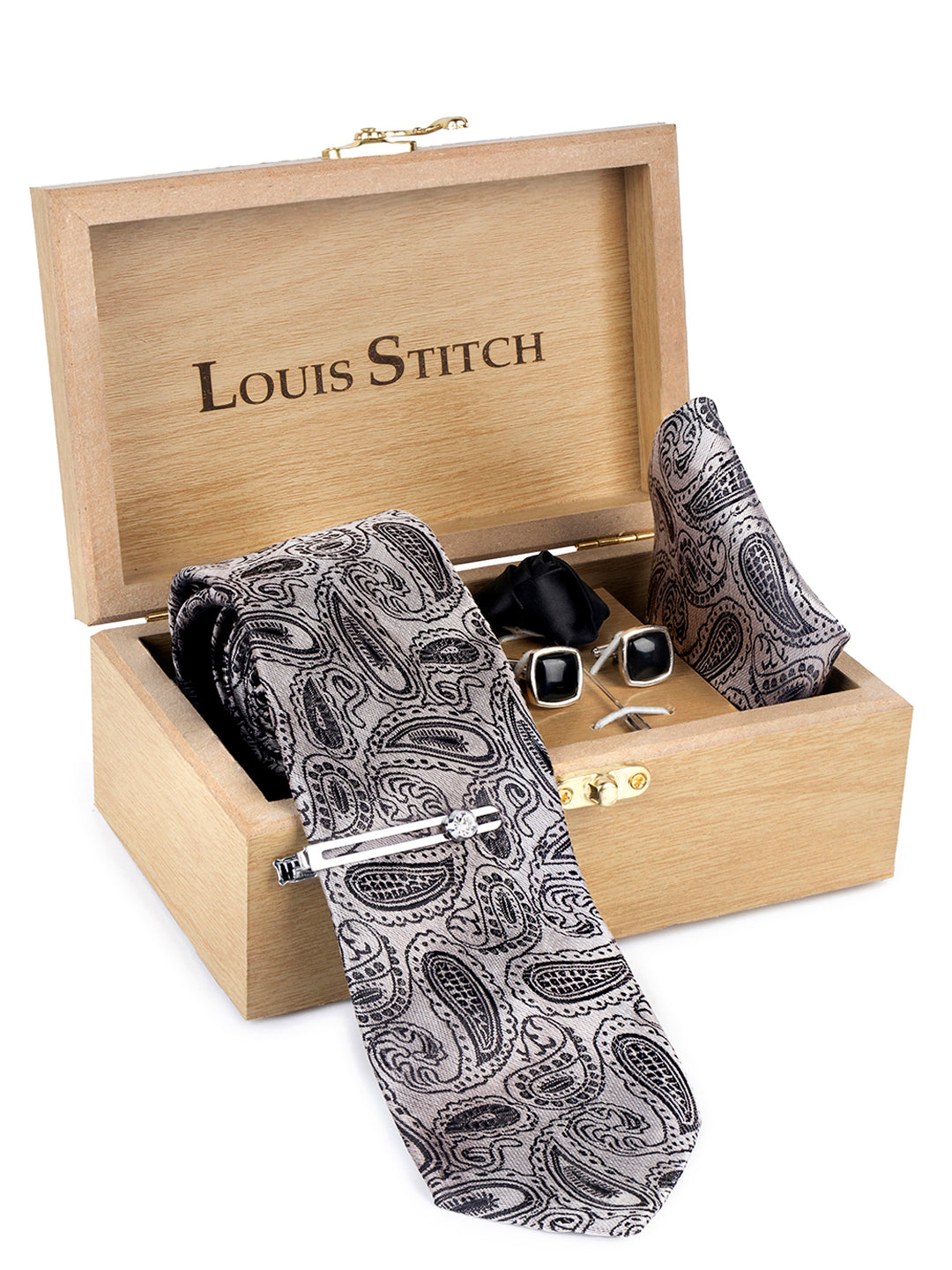 Black Mist Luxury Italian Silk Necktie Set Pocket Square Chrome Tiepin Cufflinks and Brooch