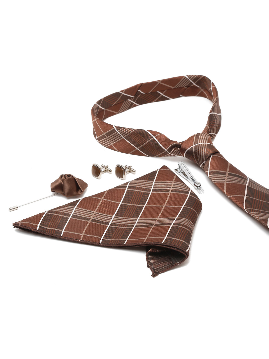 Checkered Brown Italian Silk Necktie Set Pocket Square Chrome Tiepin cufflinks and Brooch