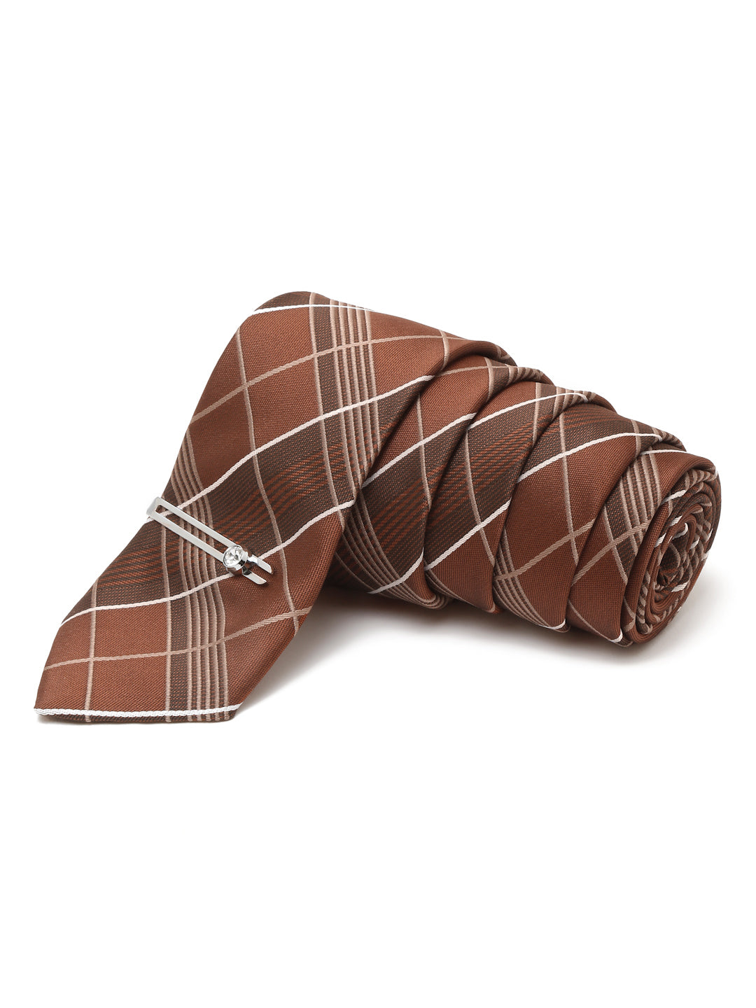 Checkered Brown Italian Silk Necktie Set Pocket Square Chrome Tiepin cufflinks and Brooch