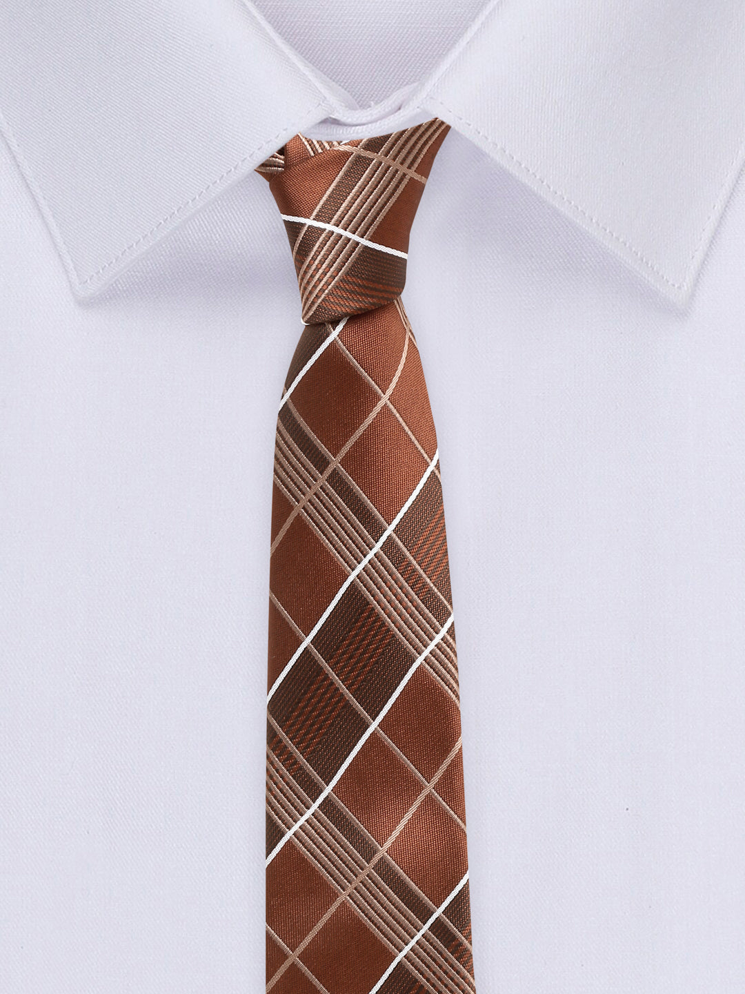 Checkered Brown Italian Silk Necktie Set Pocket Square Chrome Tiepin cufflinks and Brooch