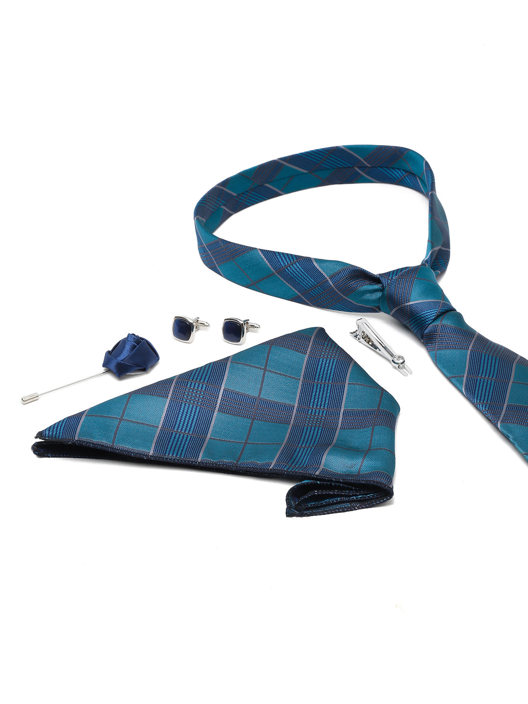 Checkered Blue Italian Silk Necktie Set Pocket Square Chrome Tiepin cufflinks and Brooch