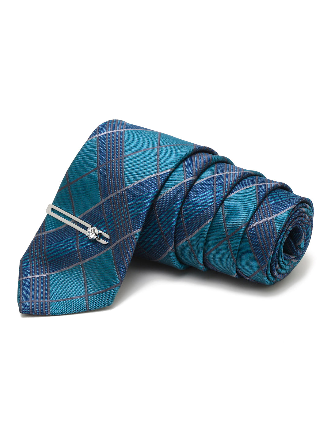 Checkered Blue Italian Silk Necktie Set Pocket Square Chrome Tiepin cufflinks and Brooch