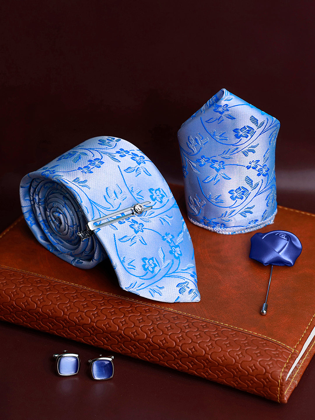 Azure Blue Luxury Italian Silk Necktie Set Pocket Square Chrome Tiepin Cufflinks and Brooch