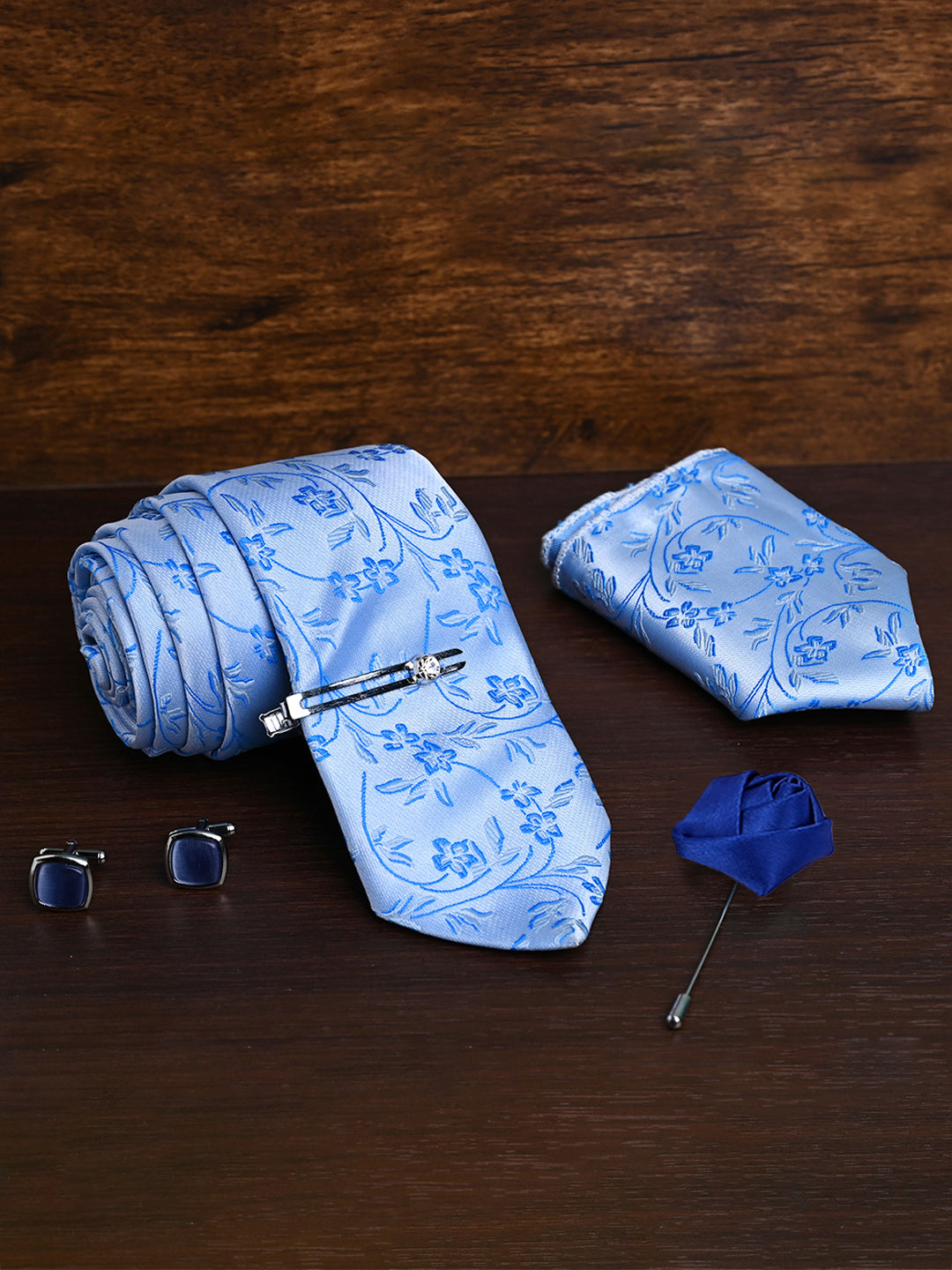 Azure Blue Luxury Italian Silk Necktie Set Pocket Square Chrome Tiepin Cufflinks and Brooch