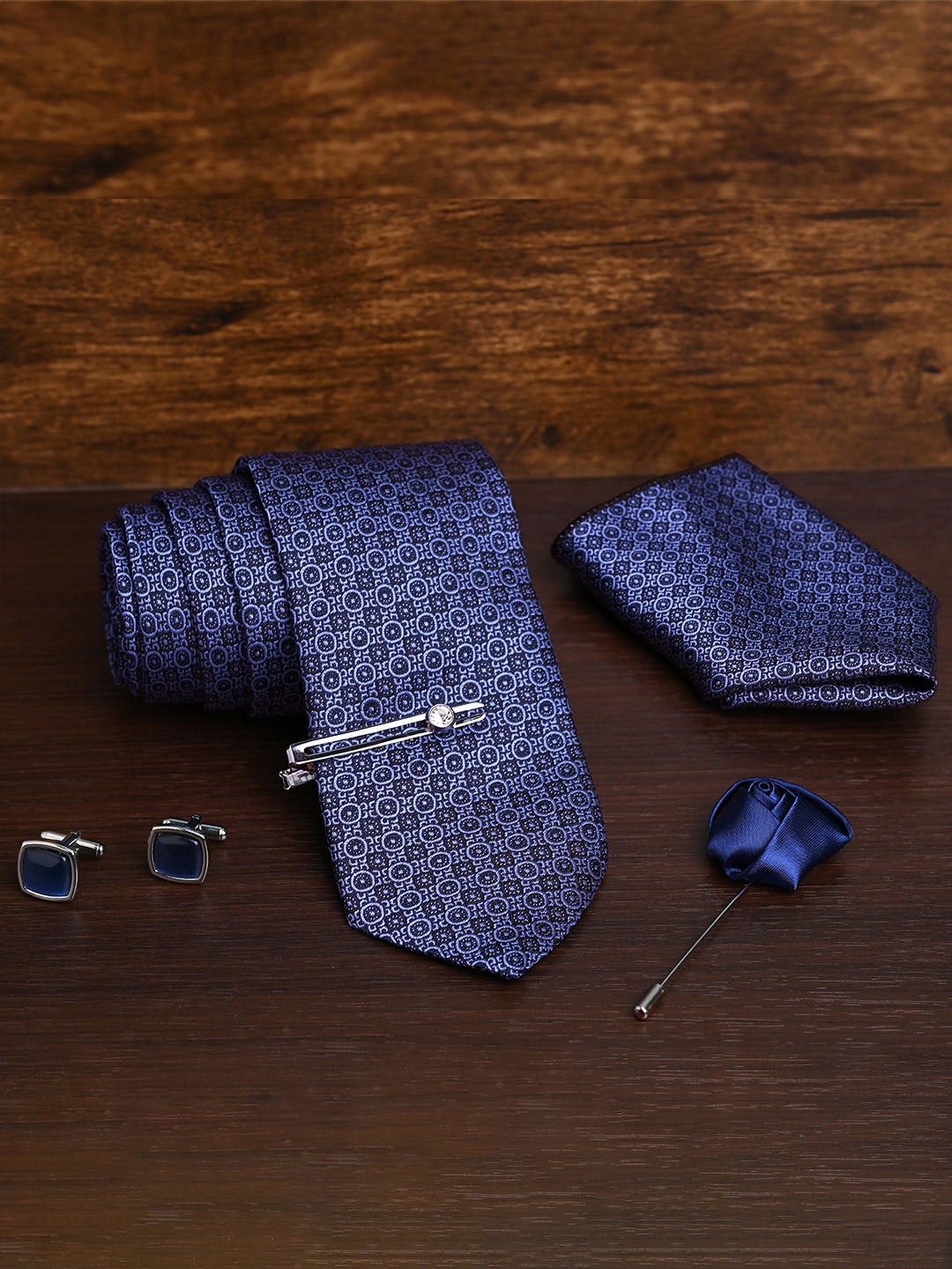 New York Blue Luxury Italian Silk Necktie Set Pocket Square Chrome Tiepin Cufflinks and Brooch