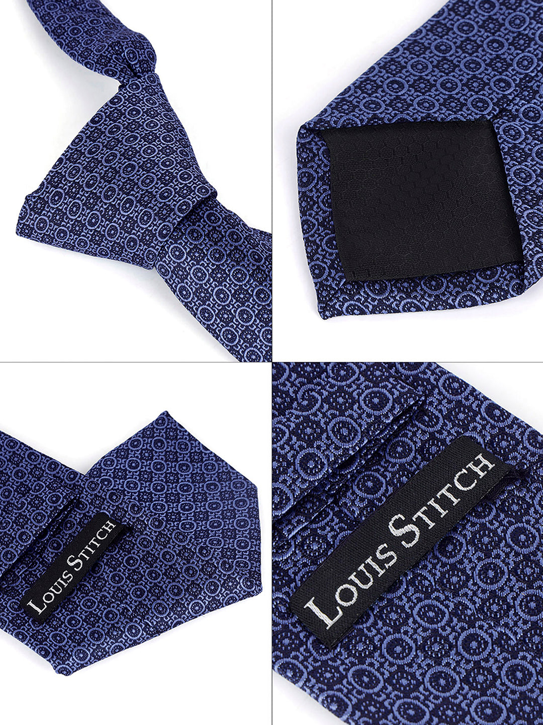 New York Blue Luxury Italian Silk Necktie Set Pocket Square Chrome Tiepin Cufflinks and Brooch