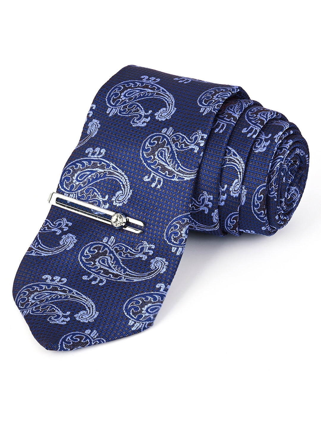 Navy Blue Luxury Italian Silk Necktie Set Pocket Square Chrome Tiepin Cufflinks and Brooch