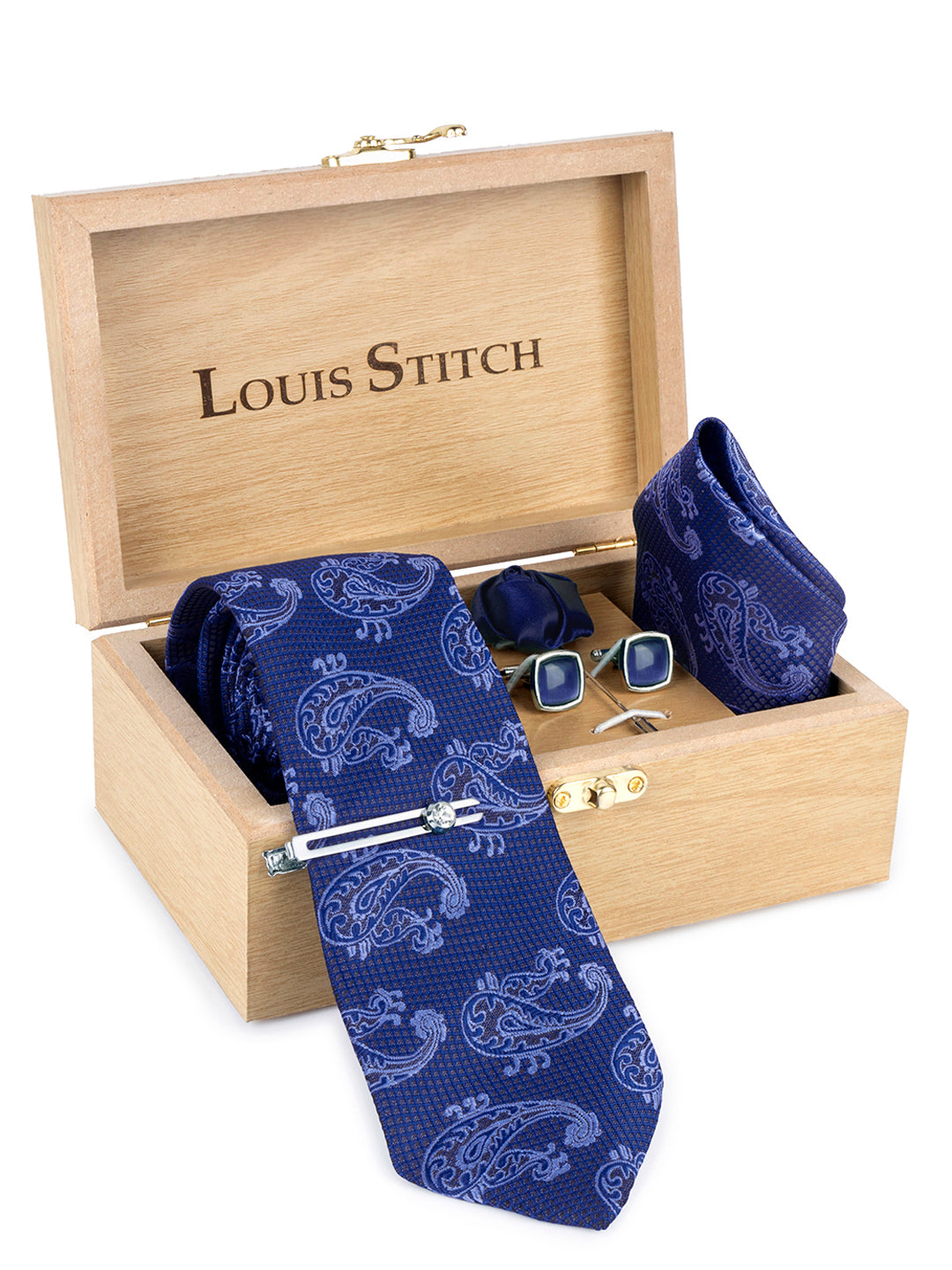 Navy Blue Luxury Italian Silk Necktie Set Pocket Square Chrome Tiepin Cufflinks and Brooch