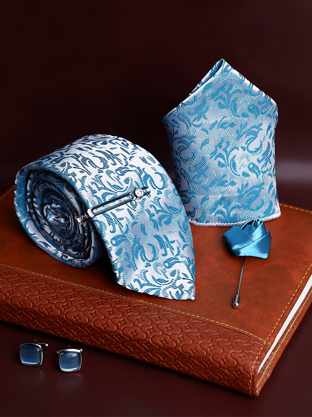 Arctic Blue Luxury Italian Silk Necktie Set Pocket Square Chrome Tiepin Cufflinks and Brooch