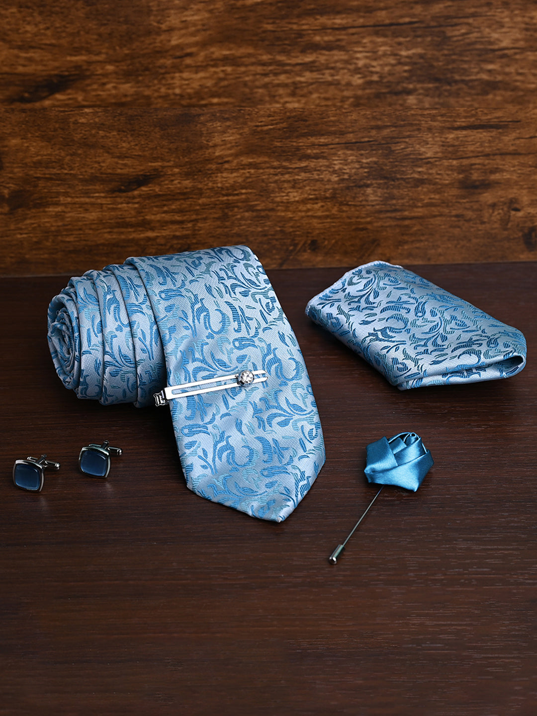 Arctic Blue Luxury Italian Silk Necktie Set Pocket Square Chrome Tiepin Cufflinks and Brooch