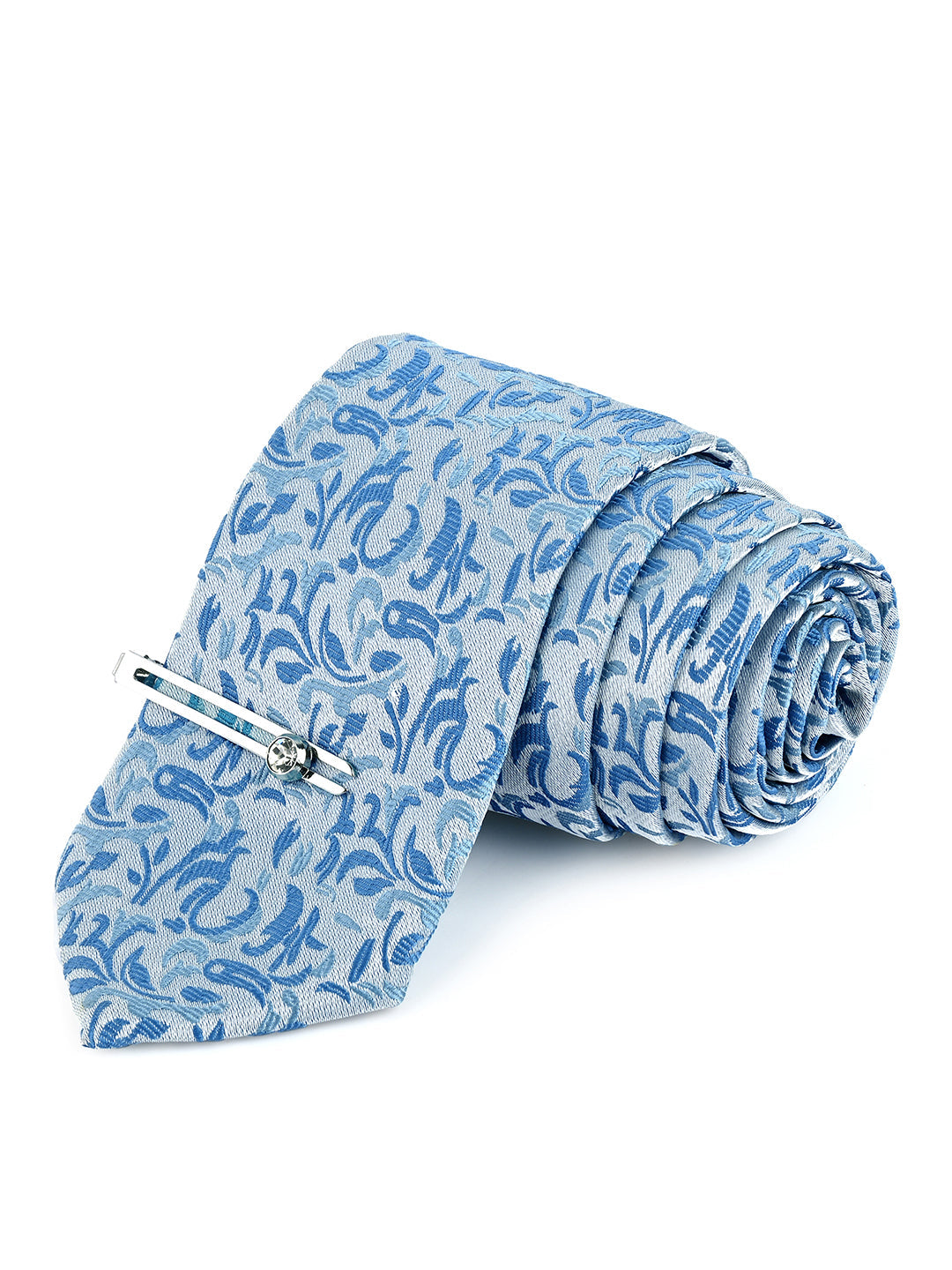 Arctic Blue Luxury Italian Silk Necktie Set Pocket Square Chrome Tiepin Cufflinks and Brooch