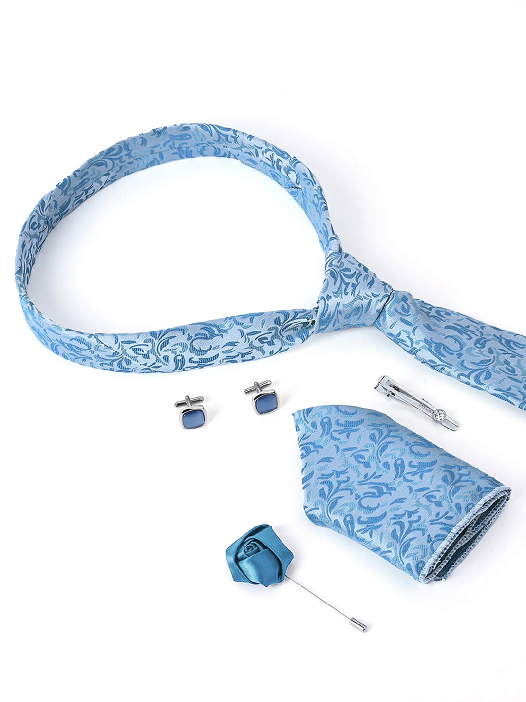 Arctic Blue Luxury Italian Silk Necktie Set Pocket Square Chrome Tiepin Cufflinks and Brooch