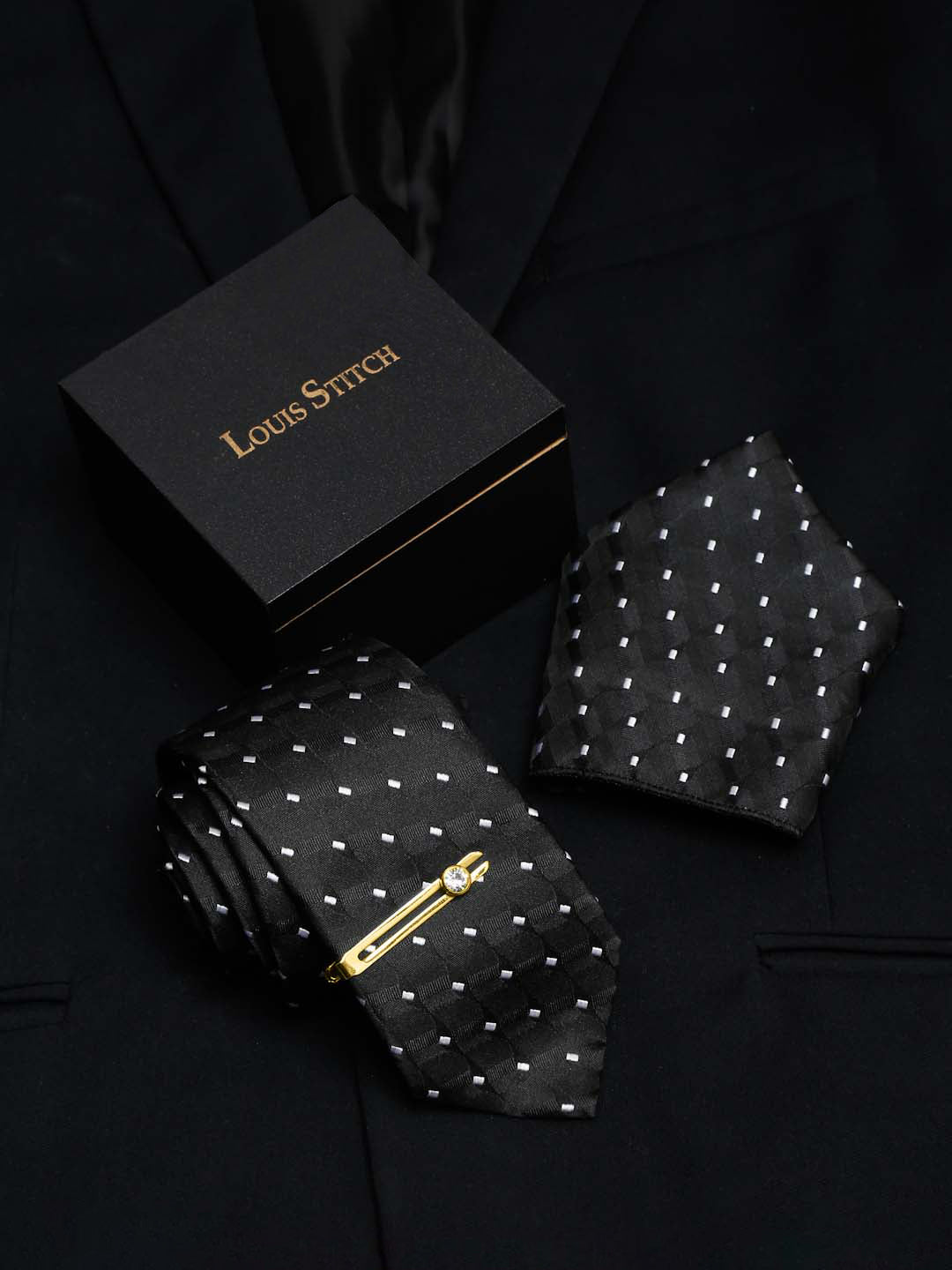 Raven Black Italian Silk Necktie Set Pocket Square Golden Tiepin