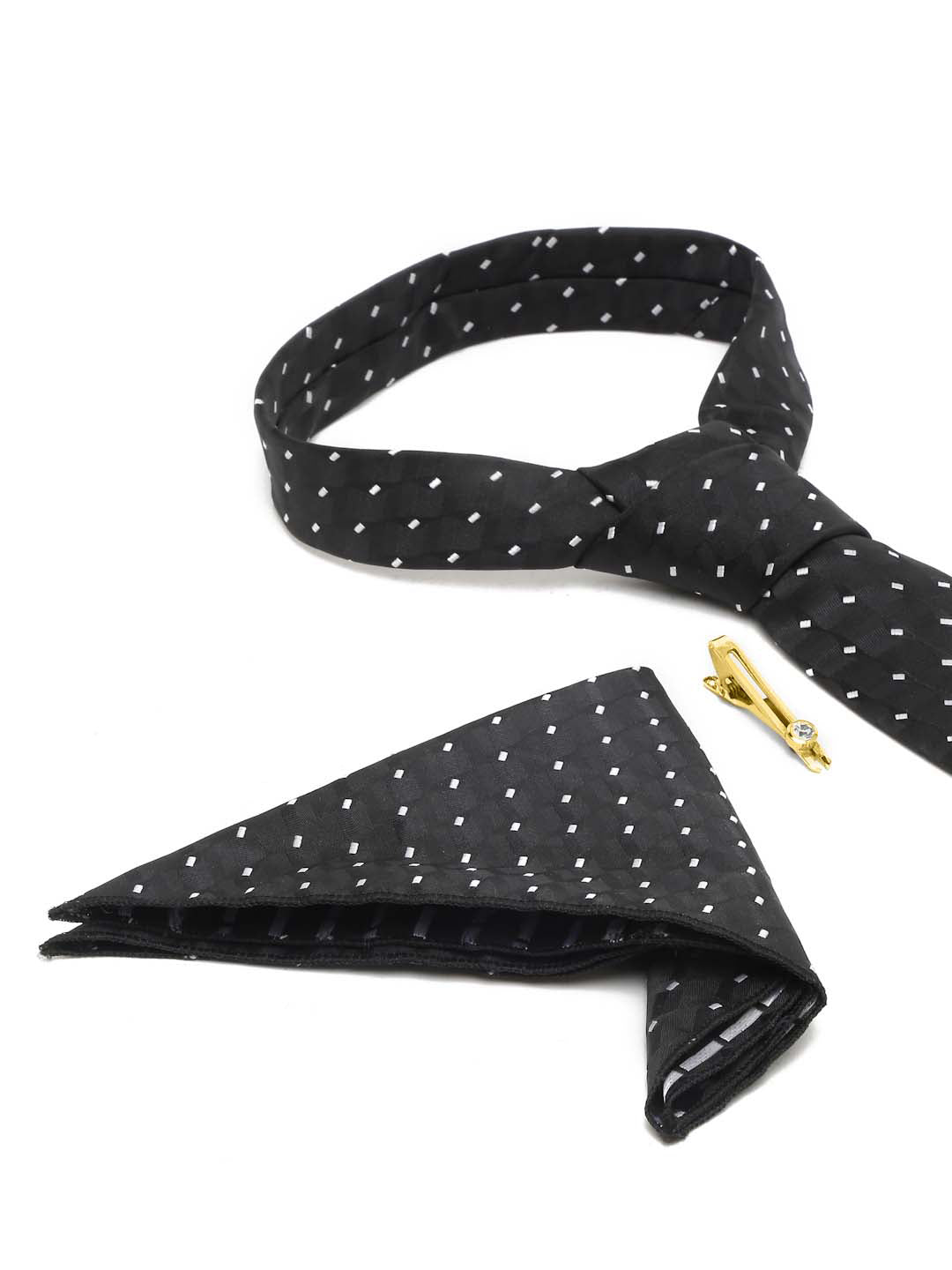 Raven Black Italian Silk Necktie Set Pocket Square Golden Tiepin