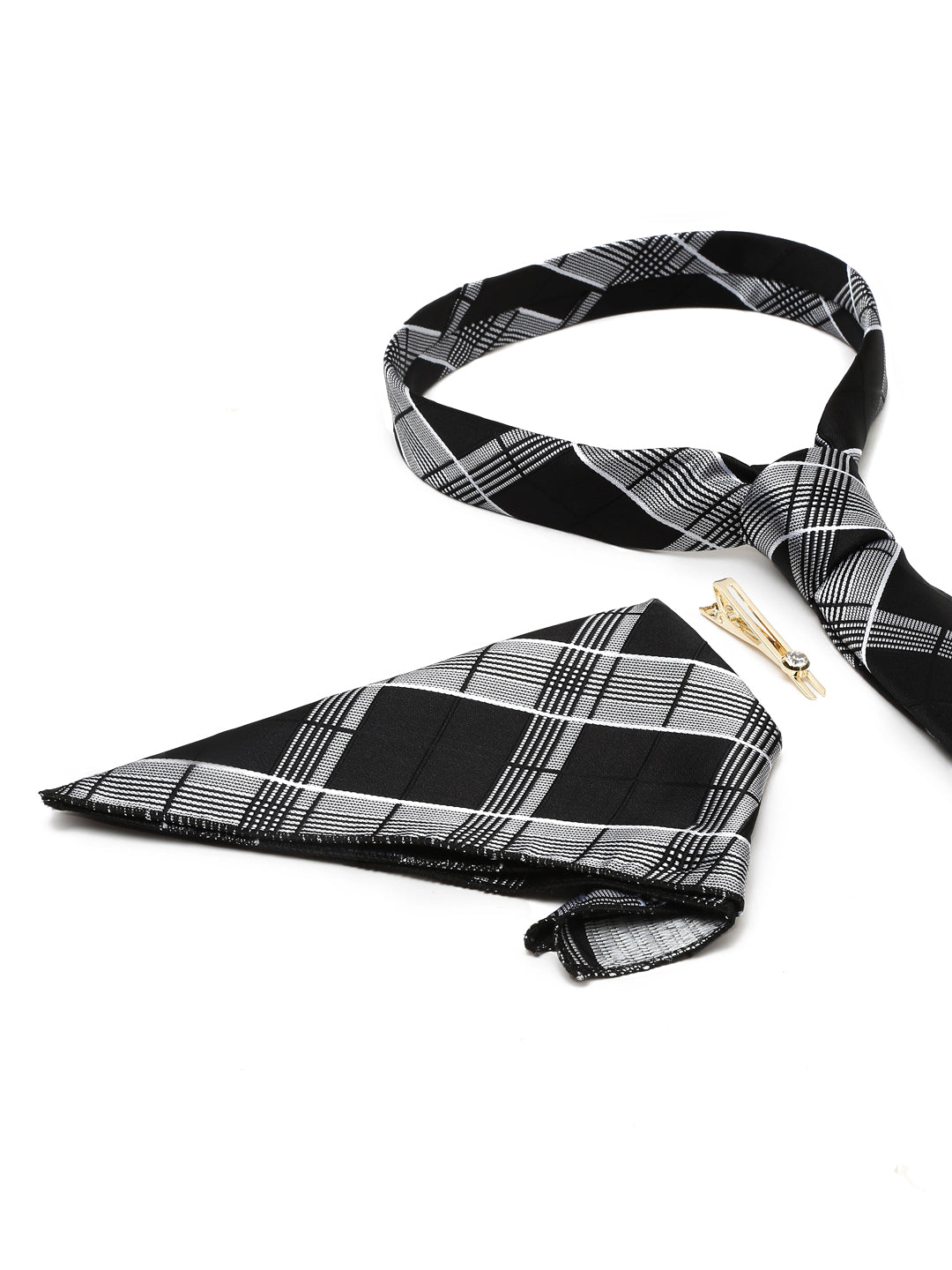 Checkered Black Italian Silk Necktie Set Pocket Square Golden Tiepin