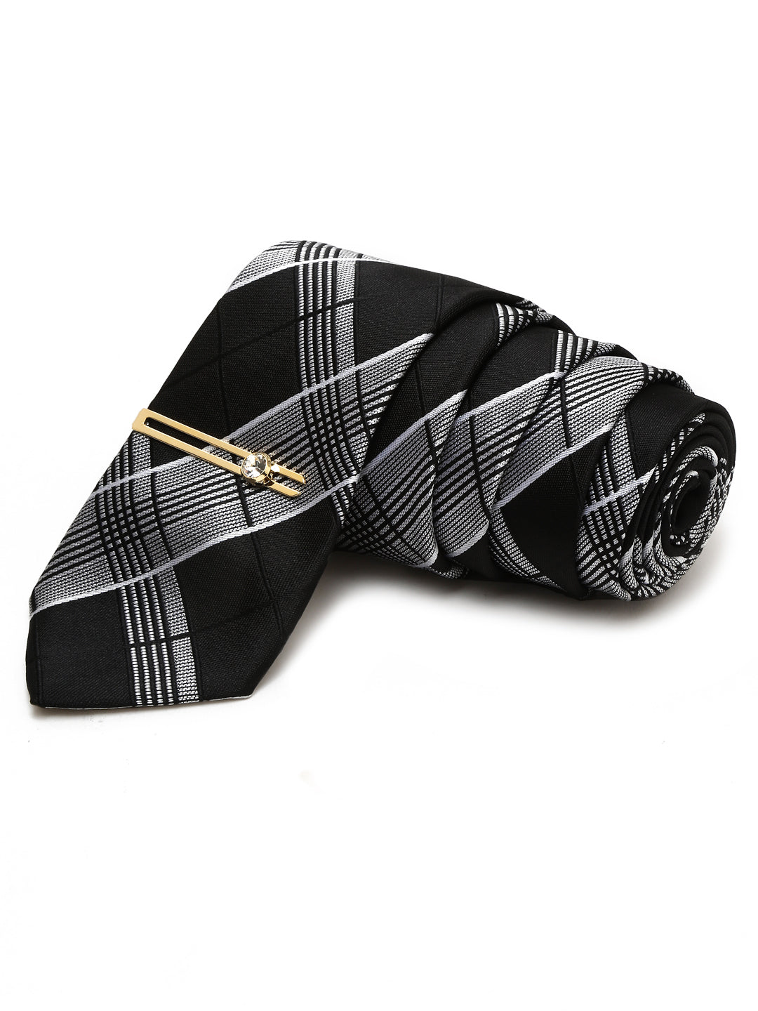 Checkered Black Italian Silk Necktie Set Pocket Square Golden Tiepin