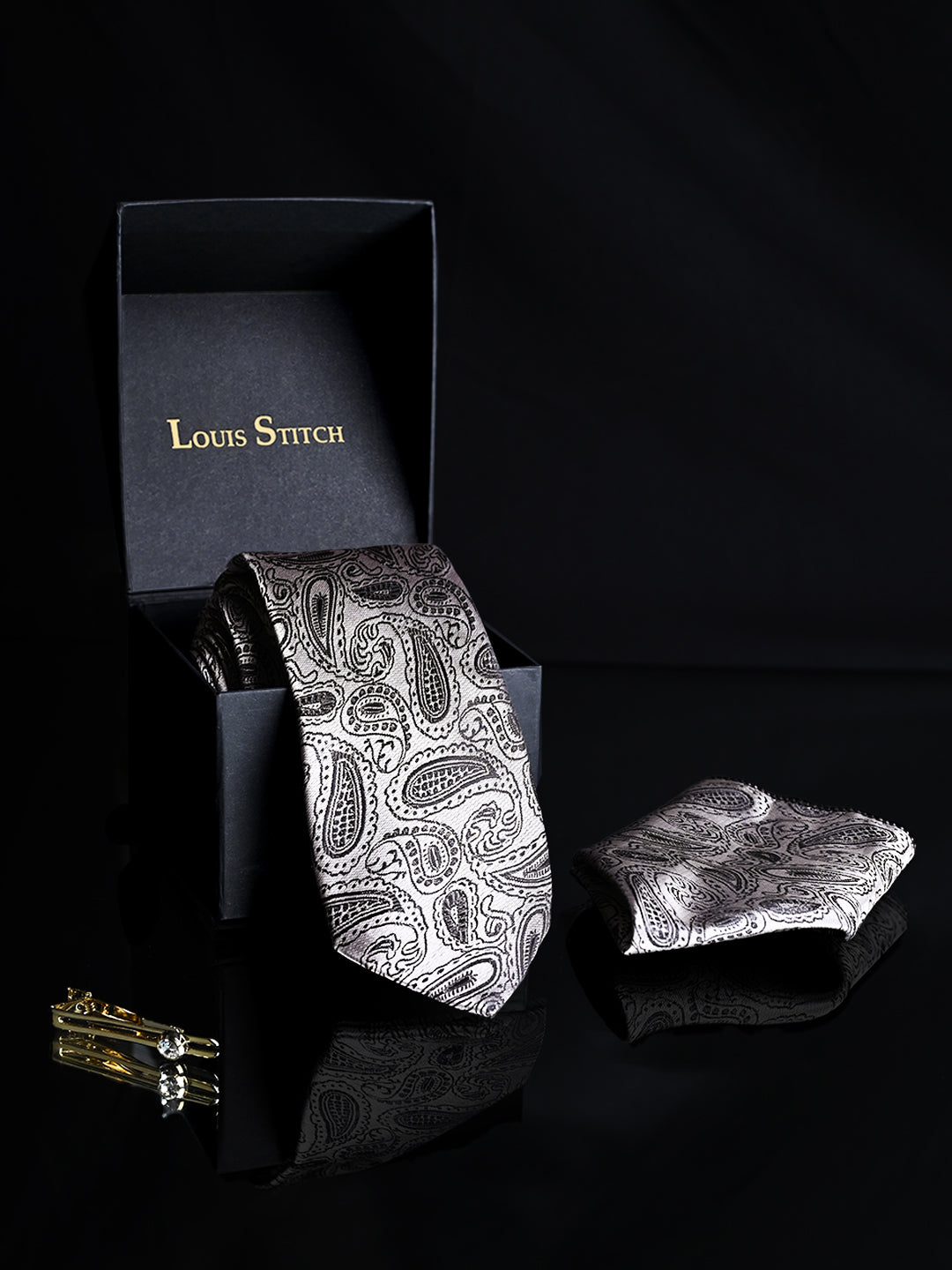 Black Mist Luxury Italian Silk Necktie Set Pocket Square Golden Tiepin