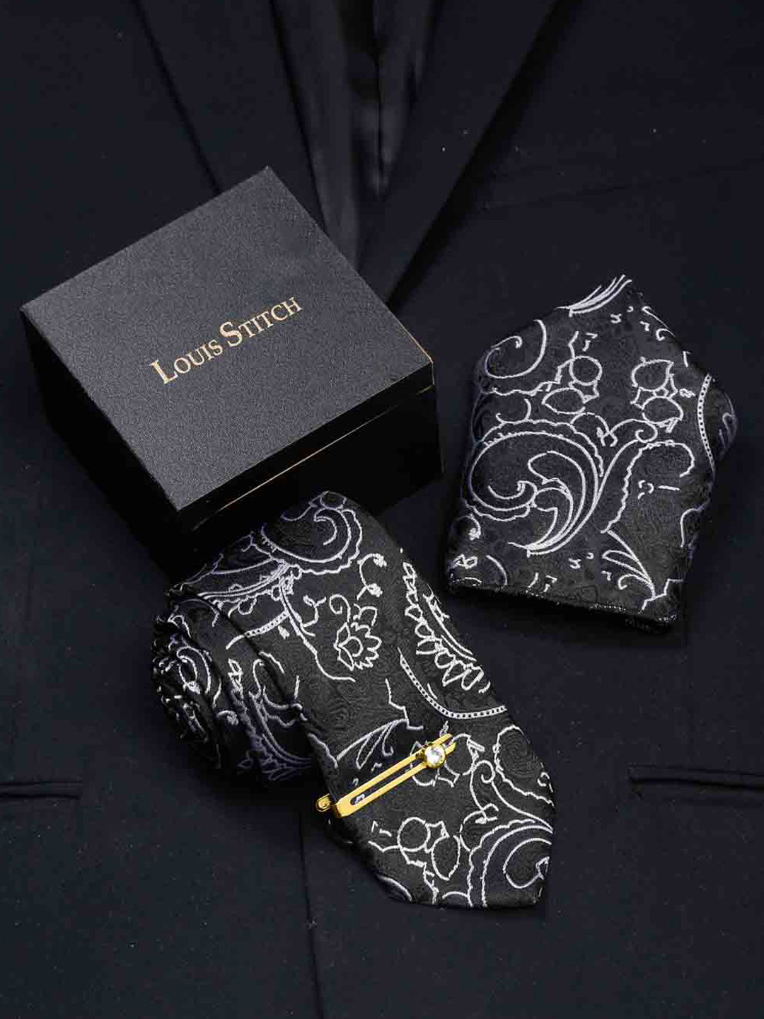 Onyx Black Italian Silk Necktie Set Pocket Square Golden Tiepin