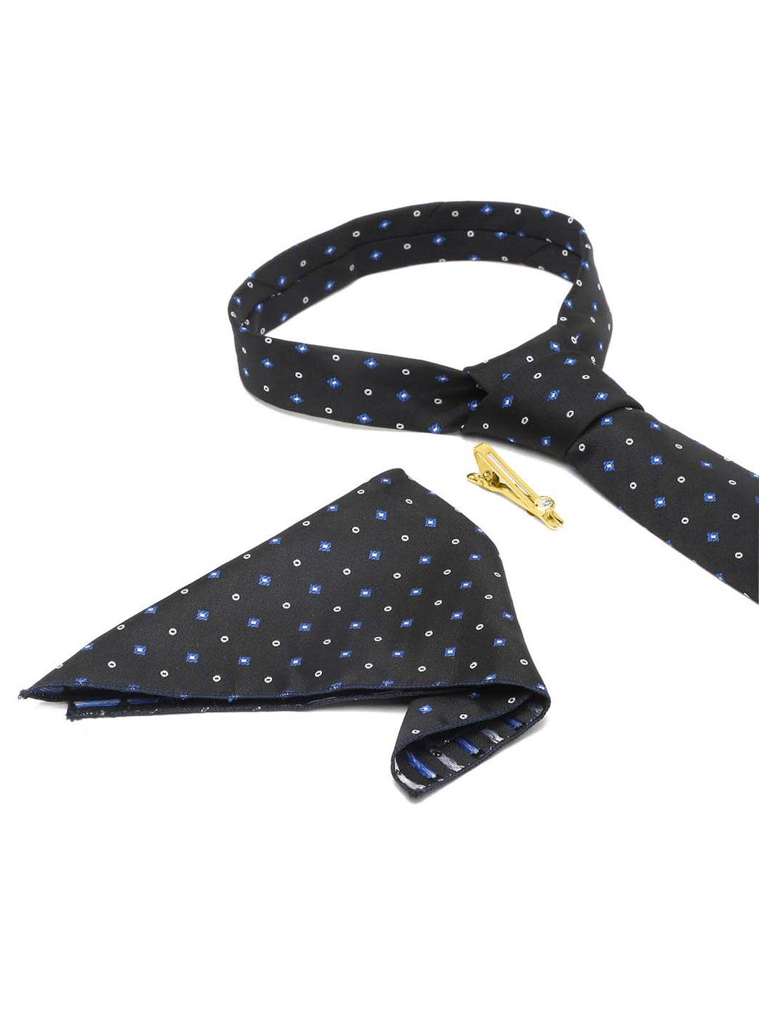 Metal Black Italian Silk Necktie Set Pocket Square Golden Tiepin