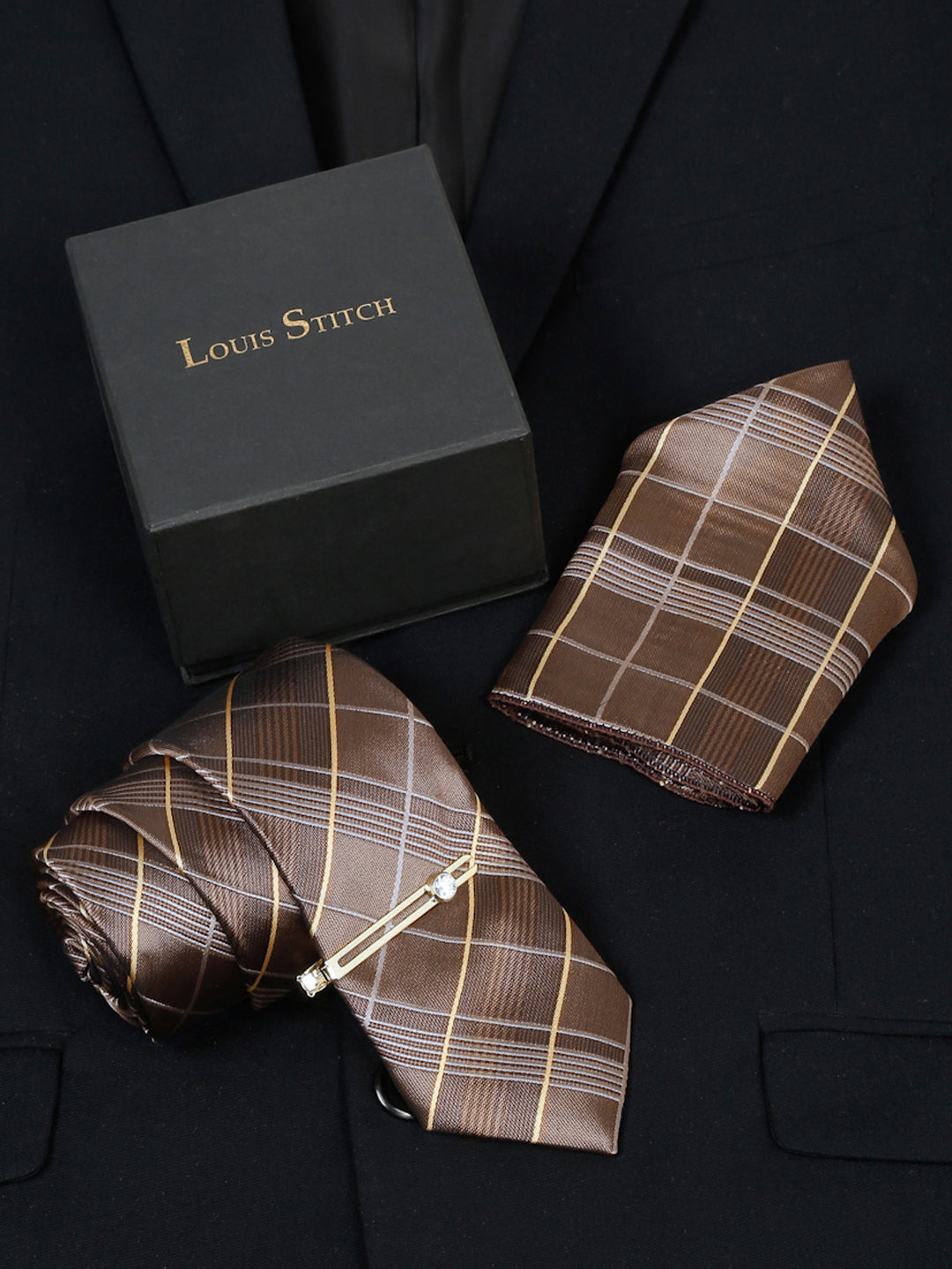 Checkered Brown Italian Silk Necktie Set Pocket Square Golden Tiepin