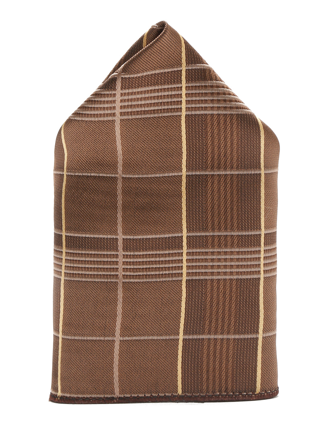 Checkered Brown Italian Silk Necktie Set Pocket Square Golden Tiepin