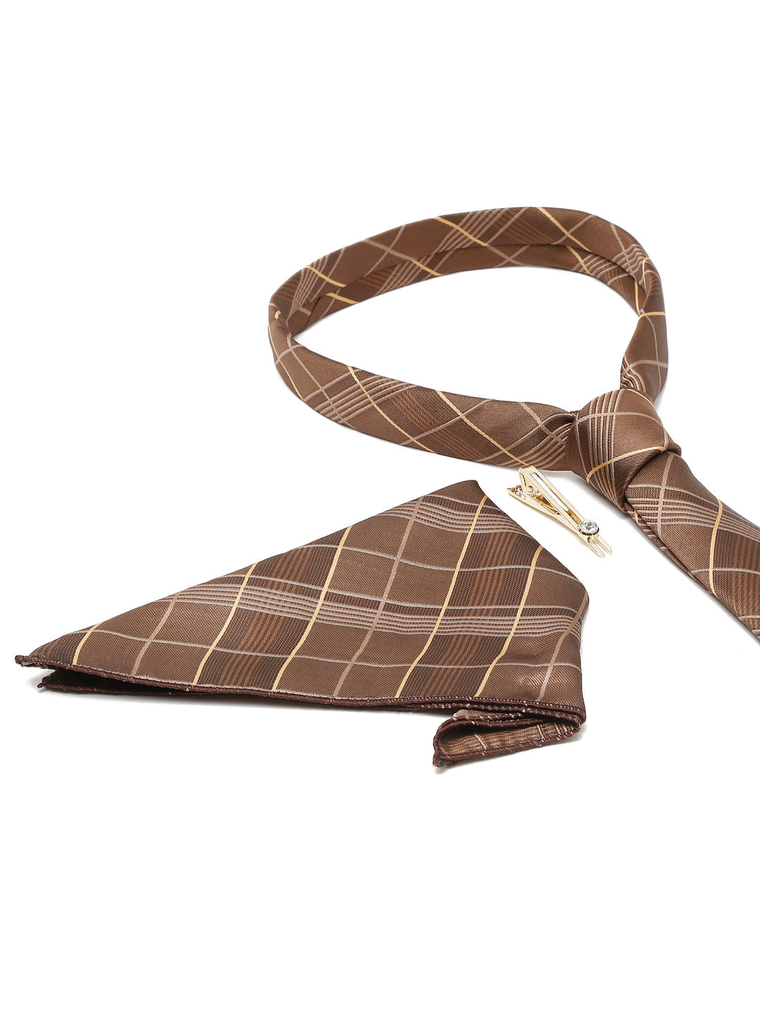 Checkered Brown Italian Silk Necktie Set Pocket Square Golden Tiepin