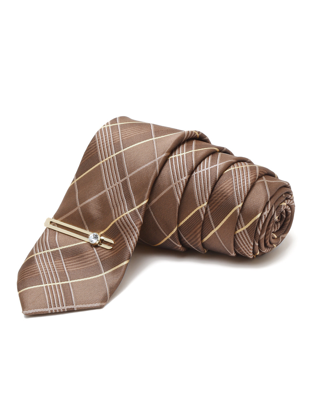 Checkered Brown Italian Silk Necktie Set Pocket Square Golden Tiepin