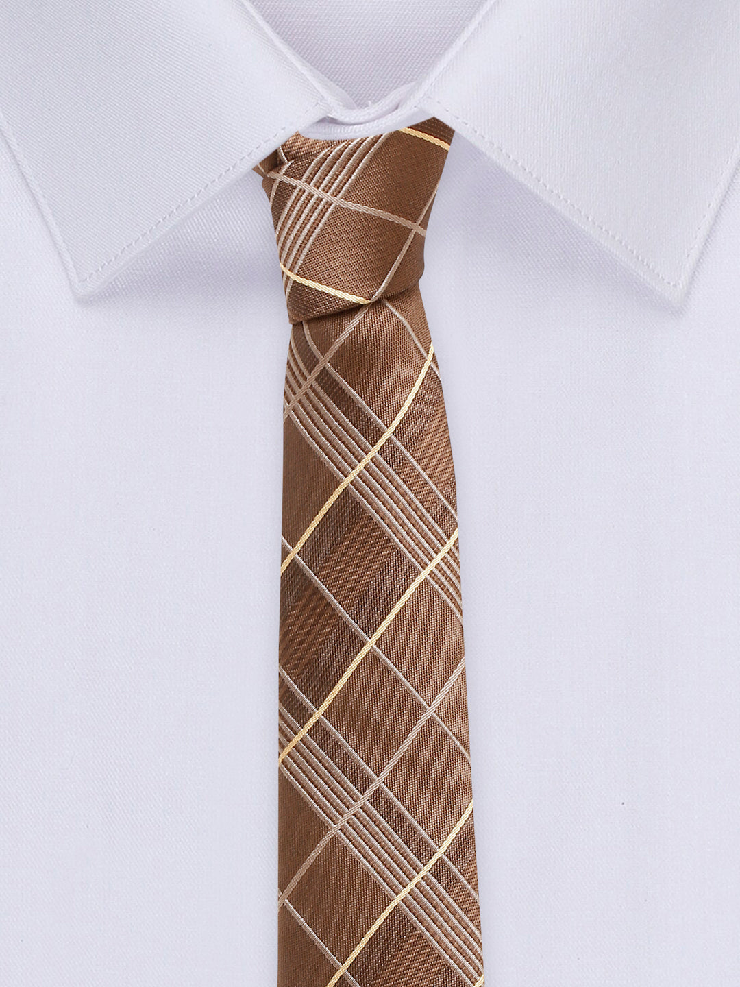 Checkered Brown Italian Silk Necktie Set Pocket Square Golden Tiepin