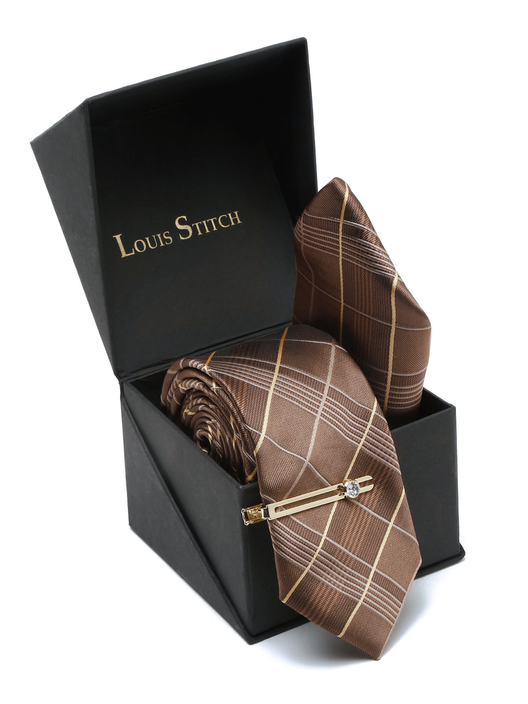 Checkered Brown Italian Silk Necktie Set Pocket Square Golden Tiepin