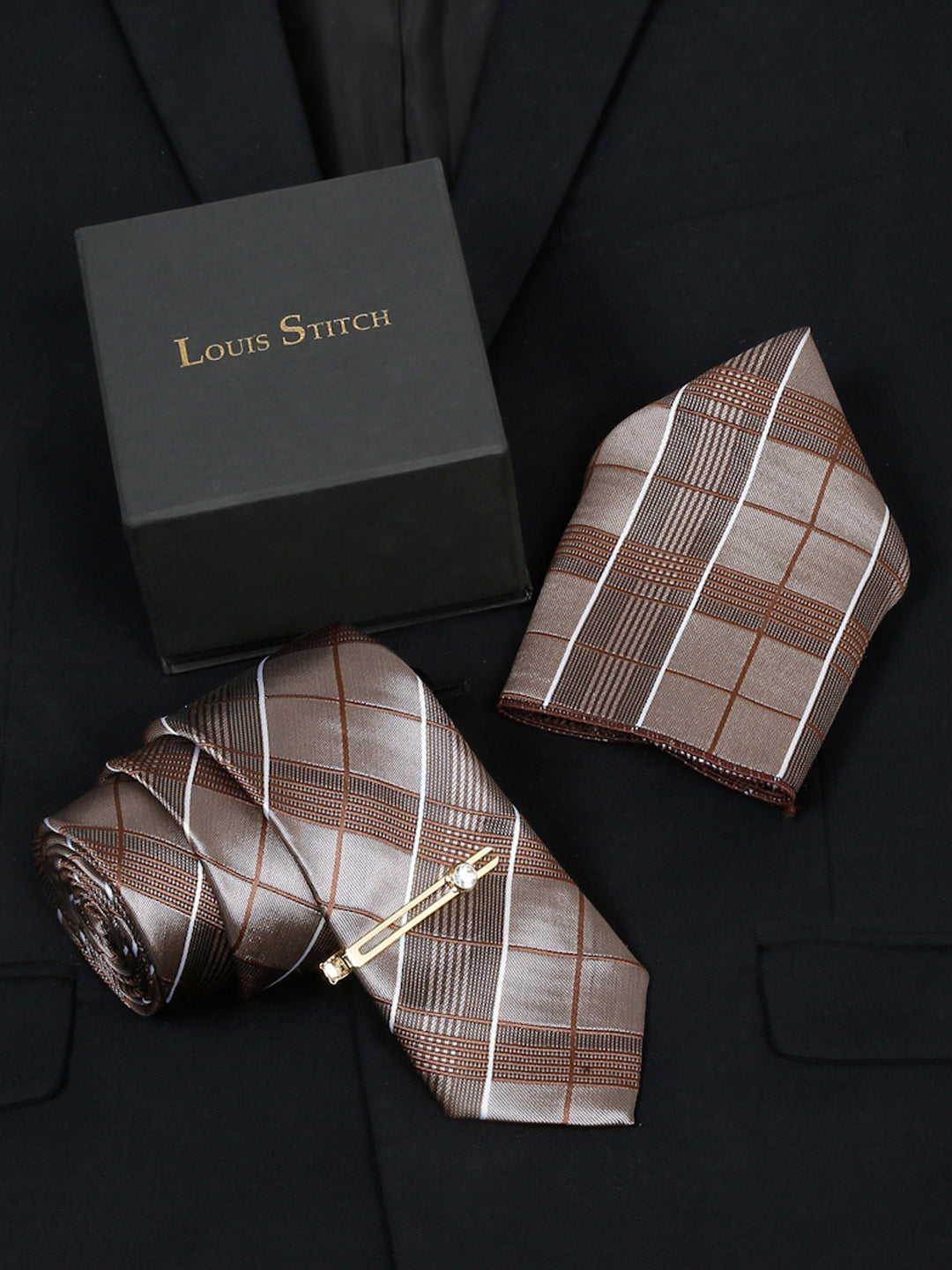 Checkered Brown Italian Silk Necktie Set Pocket Square Golden Tiepin