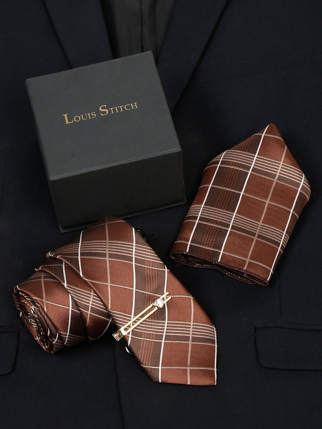 Checkered Brown Italian Silk Necktie Set Pocket Square Golden Tiepin