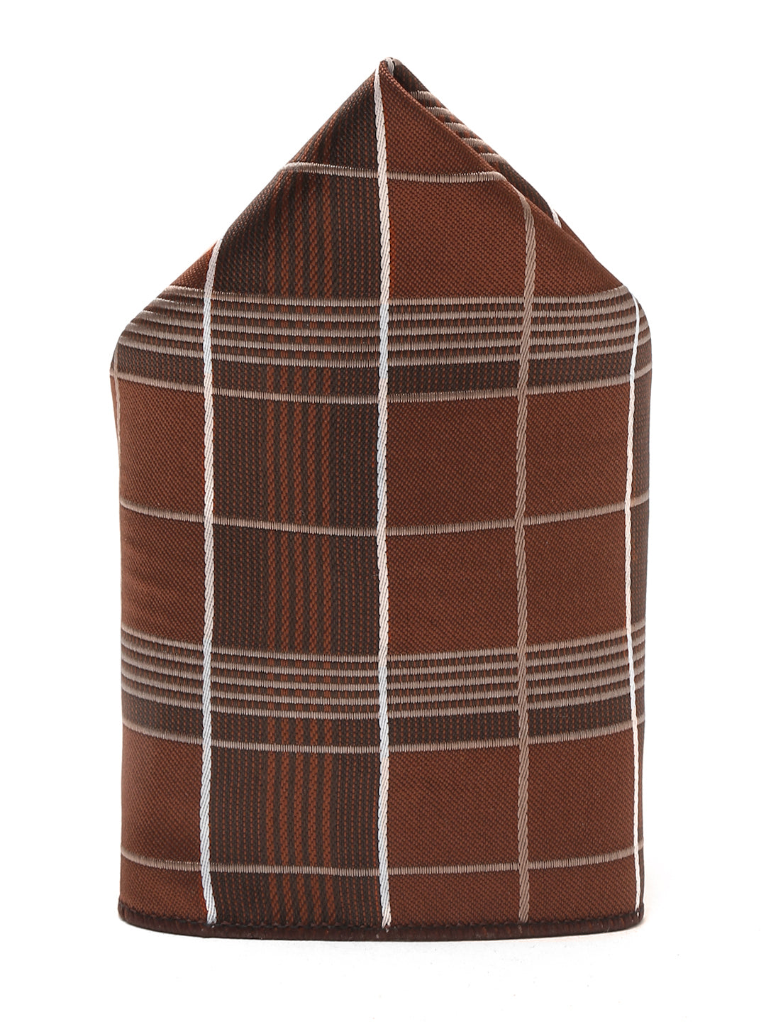 Checkered Brown Italian Silk Necktie Set Pocket Square Golden Tiepin