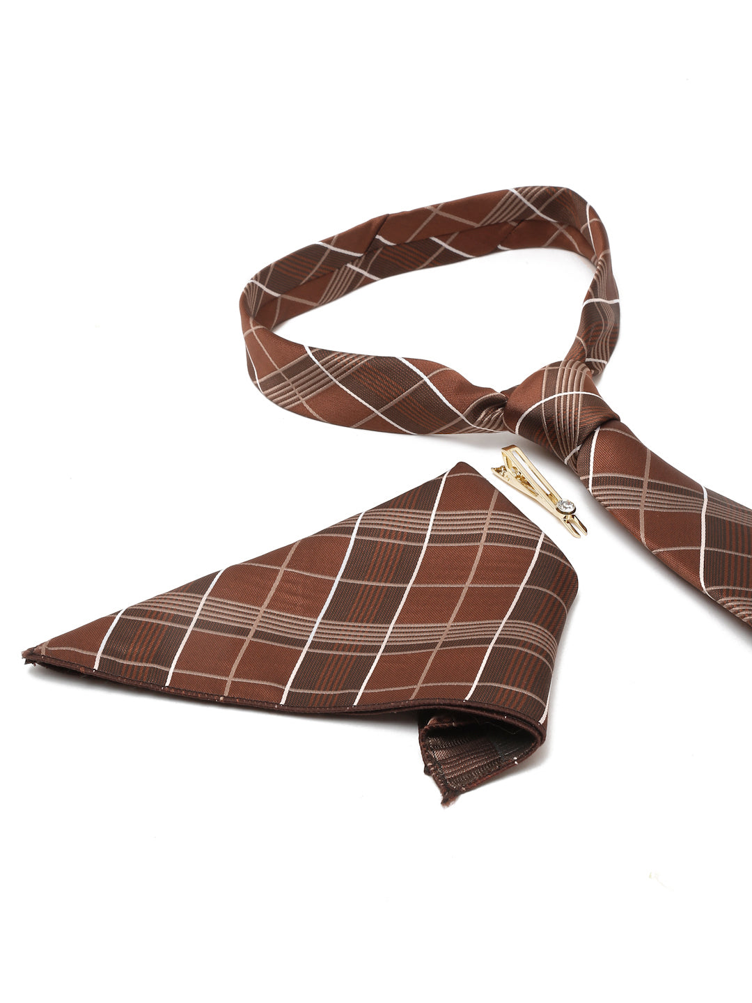 Checkered Brown Italian Silk Necktie Set Pocket Square Golden Tiepin