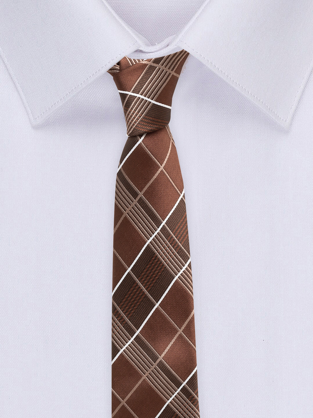 Checkered Brown Italian Silk Necktie Set Pocket Square Golden Tiepin