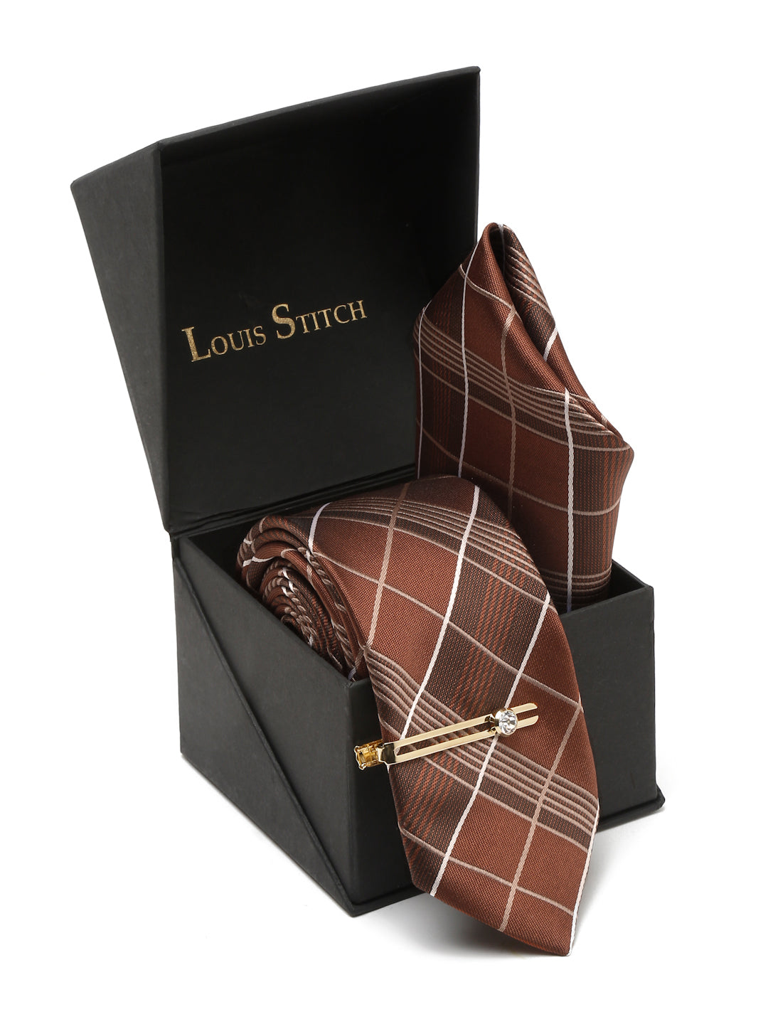 Checkered Brown Italian Silk Necktie Set Pocket Square Golden Tiepin