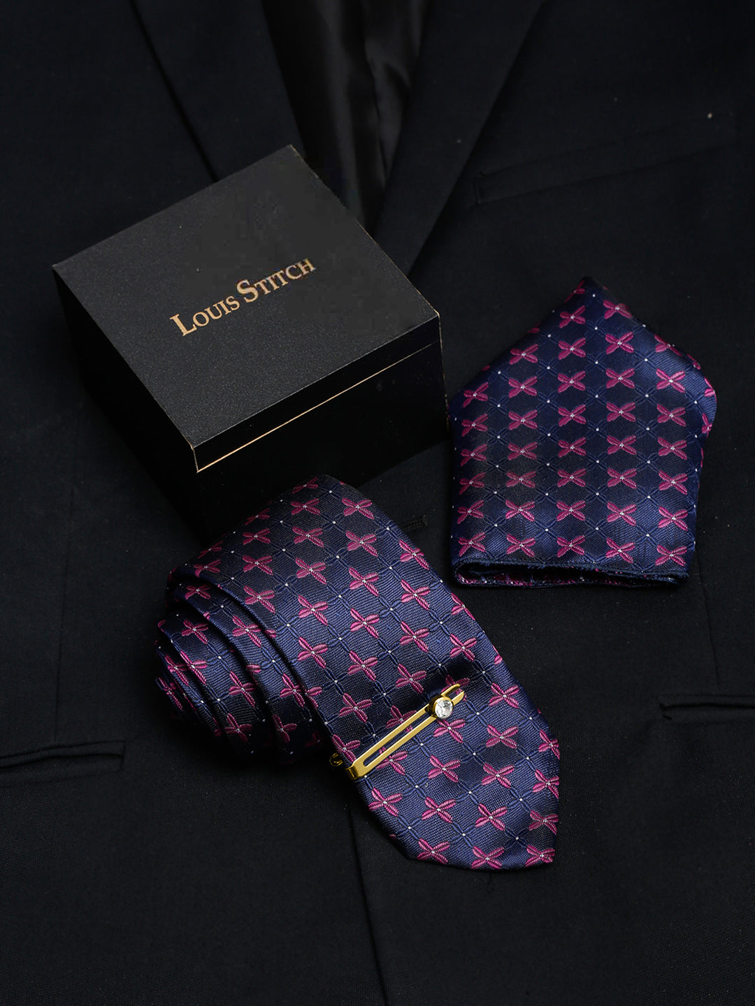 Indigo Blue Italian Silk Necktie Set Pocket Square Golden Tiepin