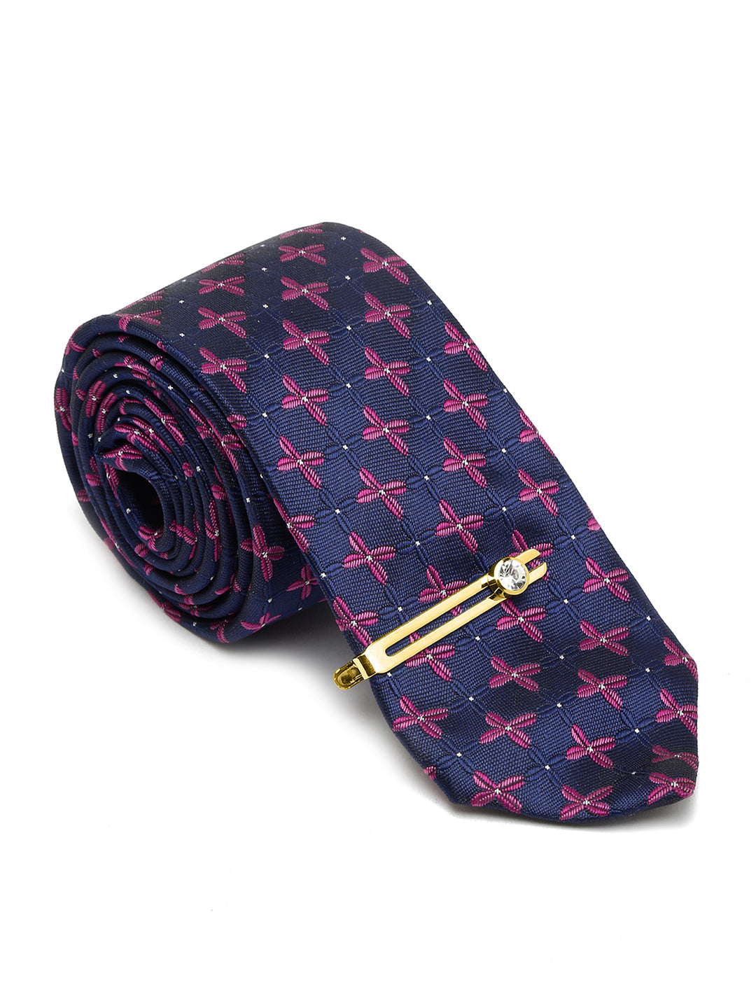 Indigo Blue Italian Silk Necktie Set Pocket Square Golden Tiepin