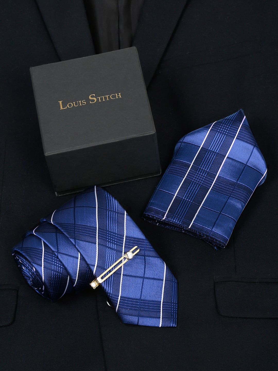 Checkered Blue Italian Silk Necktie Set Pocket Square Golden Tiepin