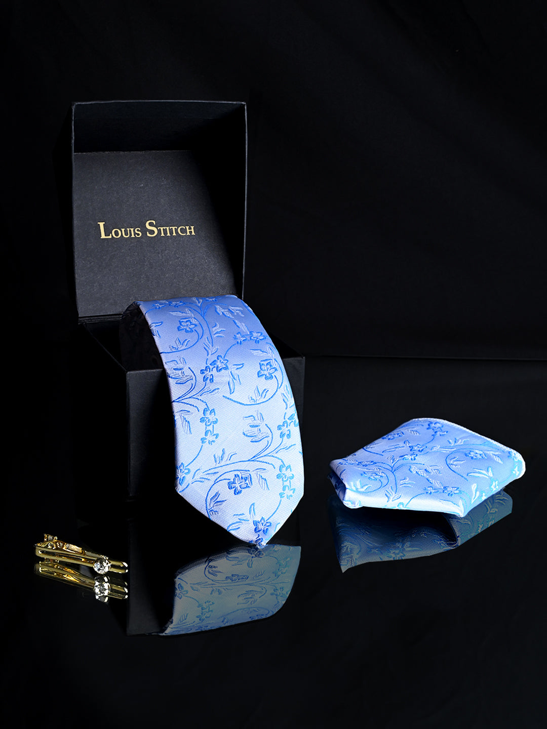 Azure Blue Luxury Italian Silk Necktie Set Pocket Square Golden Tiepin