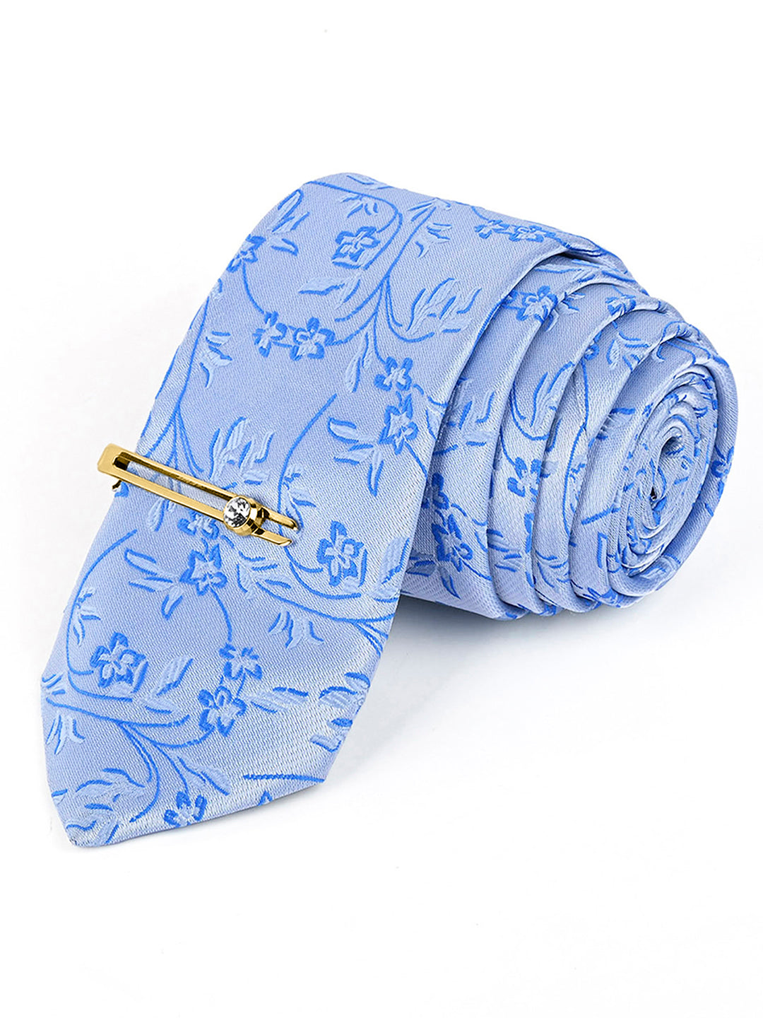 Azure Blue Luxury Italian Silk Necktie Set Pocket Square Golden Tiepin