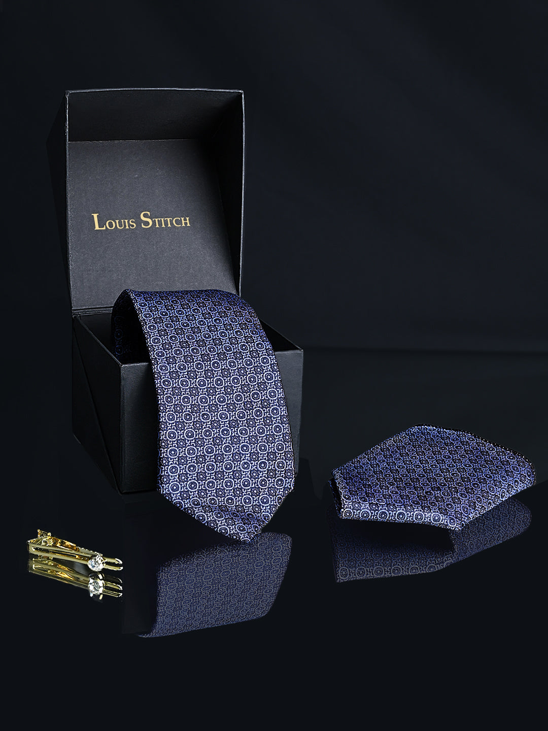 New York Blue Luxury Italian Silk Necktie Set Pocket Square Golden Tiepin