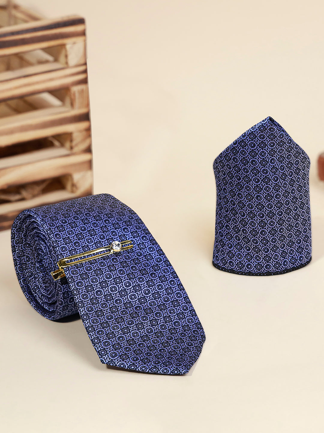 New York Blue Luxury Italian Silk Necktie Set Pocket Square Golden Tiepin